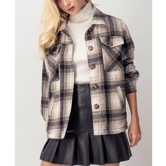 Sherpa Lined Plaid Flannel Shirt Jacket Shacket - Picture 8 of 9